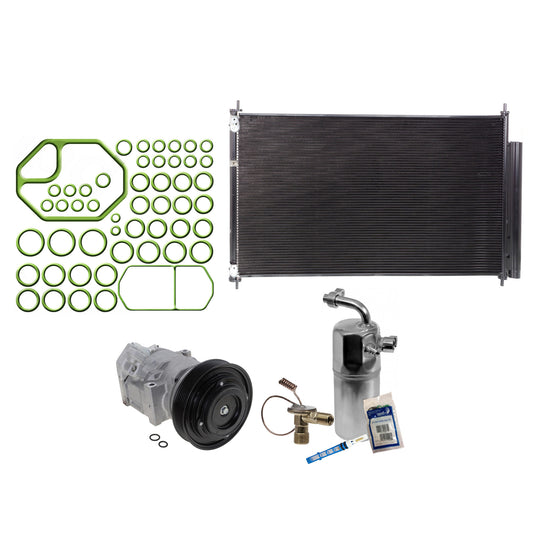 Комплект из 3-х компонентов: компрессор кондиционера, с муфтой, 6-канавочным шкивом, включает в себя (1) конденсатор кондиционера, (1) комплект для обслуживания кондиционера и (1) компрессор кондиционера