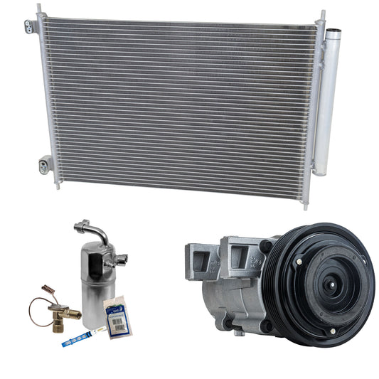 Комплект из 3-х компонентов: компрессор кондиционера, с муфтой, 6-канавочным шкивом, включает в себя (1) компрессор кондиционера, (1) конденсатор кондиционера и (1) комплект для обслуживания кондиционера