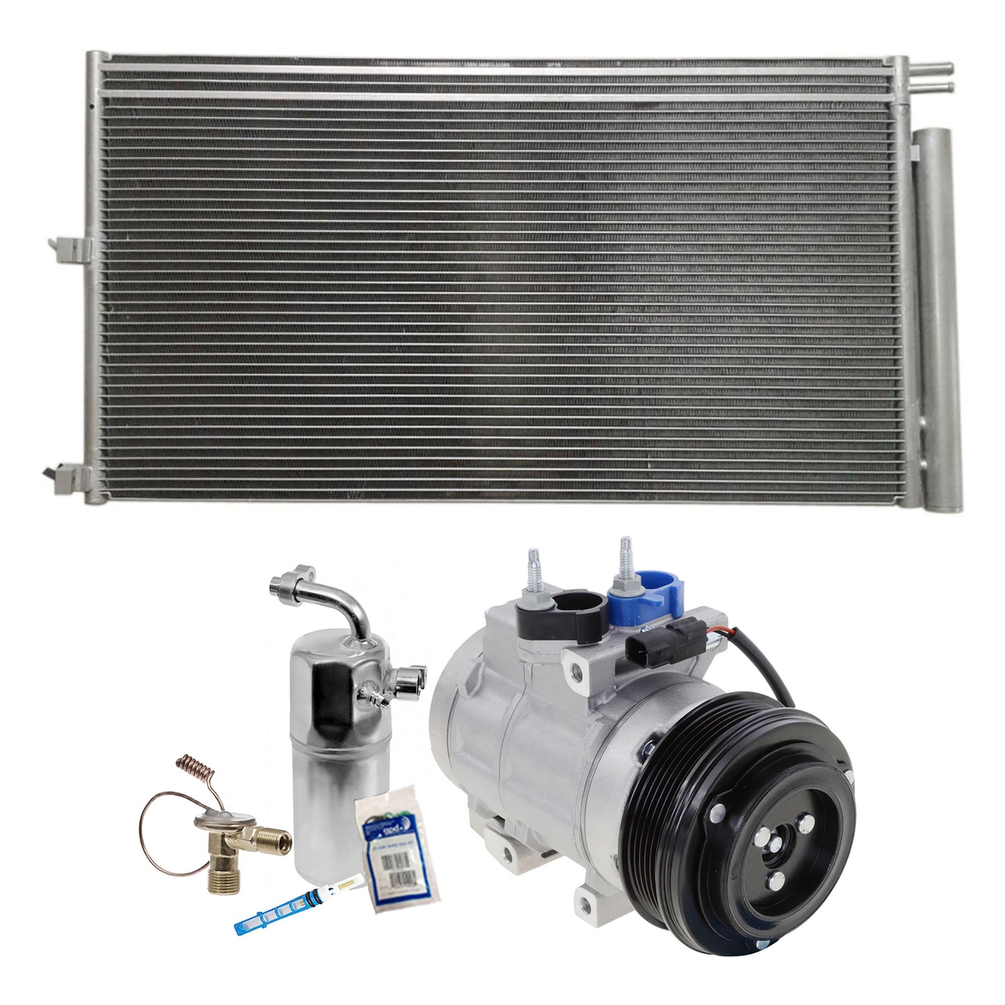 Комплект из 3-х компонентов: компрессор кондиционера, с муфтой, 6-канавочным шкивом, включает в себя (1) компрессор кондиционера, (1) конденсатор кондиционера и (1) комплект для обслуживания кондиционера