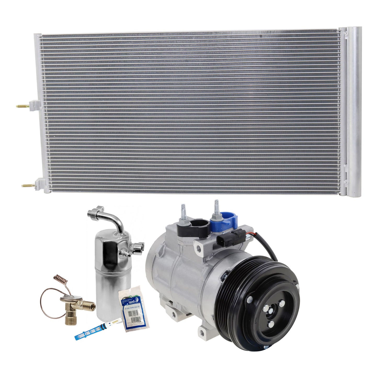 Комплект из 3-х компонентов: компрессор кондиционера, с муфтой, 6-канавочным шкивом, включает в себя (1) компрессор кондиционера, (1) конденсатор кондиционера и (1) комплект для обслуживания кондиционера