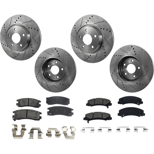 4-Wheel Set Front and Rear Brake Disc and Pad Kit, Cross-drilled and Slotted 5 Lugs Ceramic Pro-Line Series, includes (4) Brake Disc and (2) Brake Pad Set