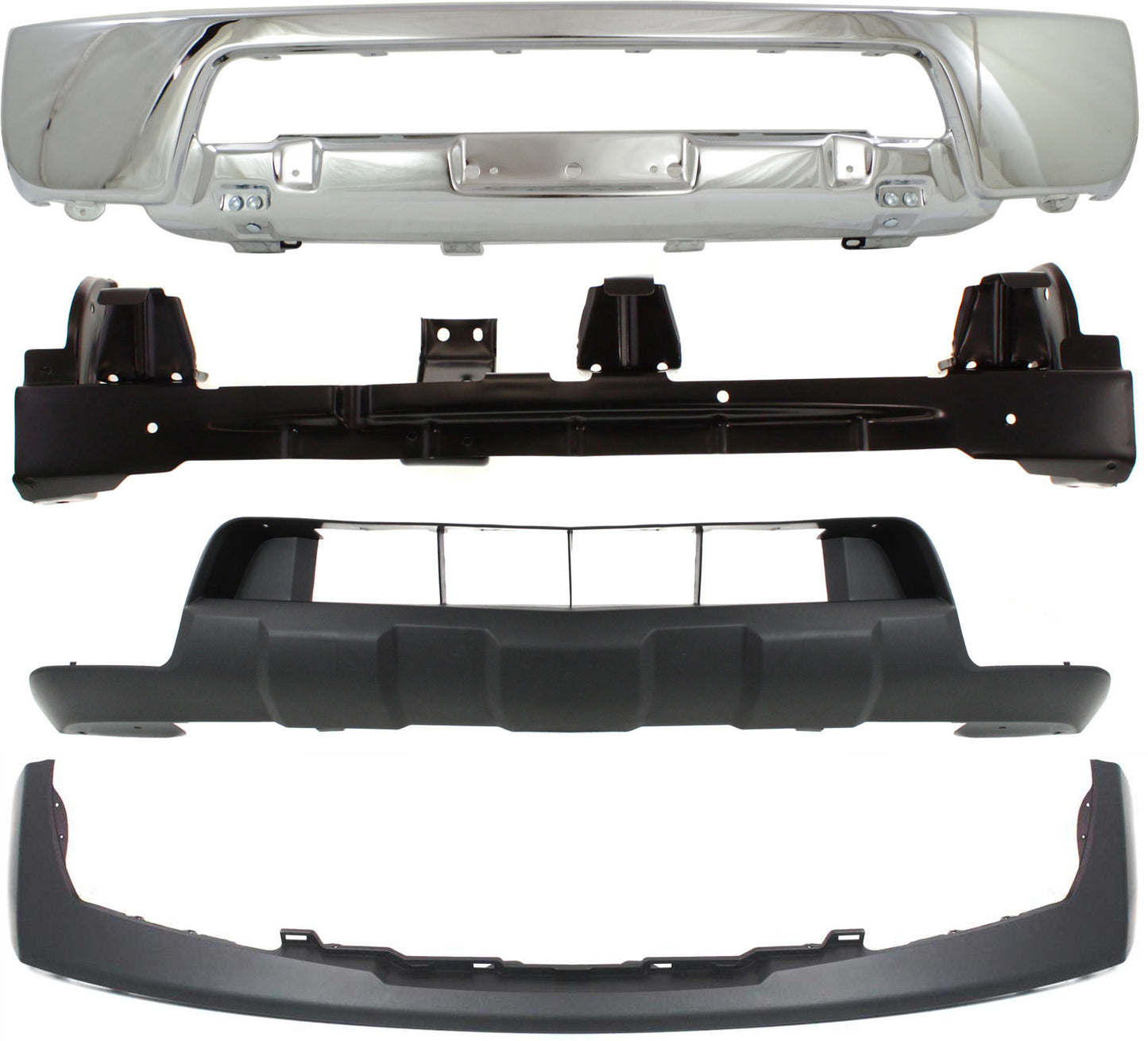 4-Piece Kit, Front Bumper, Chrome, Includes (1) Bumper, (1) Bumper Retainer, (1) Bumper Trim, and (1) Valance