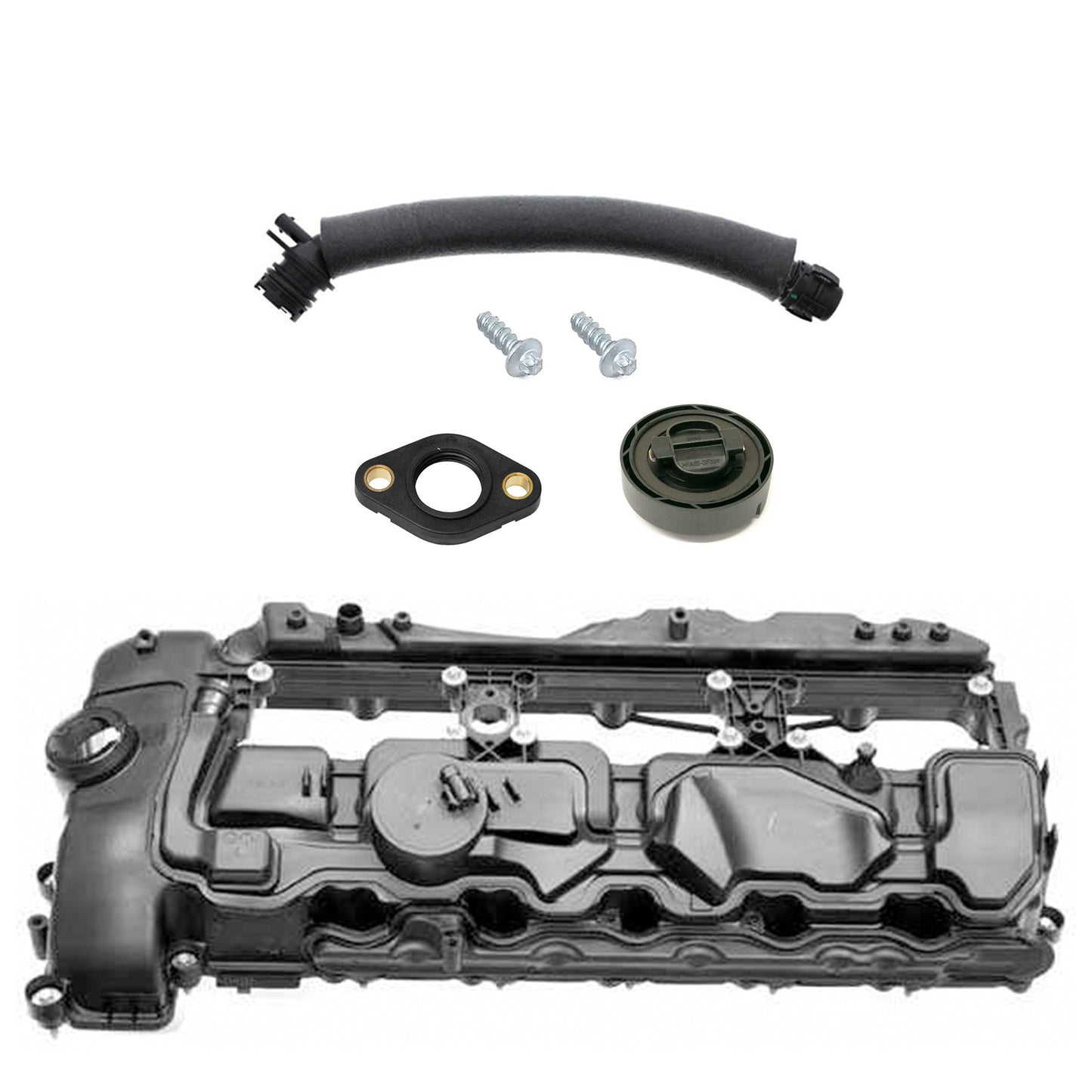 KIT-070224-140 6-Piece Kit Valve Cover, 3.0L, 6Cyl, Includes (1) Valve Cover, (1) Crankcase Vent Hose, (1) Oil Filler Cap, (2) Valve Cover Bolt and (1) Variable Timing Solenoid Gasket