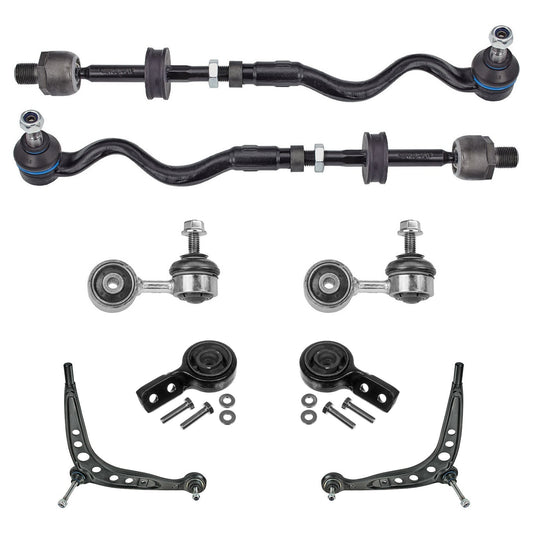 KIT-070224-596 8-Piece Kit Front, Driver and Passenger Side Control Arm, Genuine BMW, Includes (1) Control Arm Bushing, (1) Alternator Bracket Bushing, (2) Control Arm, (2) Sway Bar Link and (2) Tie Rod Assembly