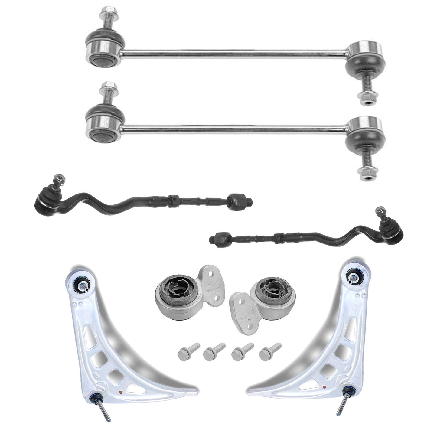 KIT-070224-607 Комплект из 7 деталей: передний рычаг управления со стороны водителя и пассажира, оригинальный BMW, включает в себя (1) втулку рычага, (2) тягу стабилизатора поперечной устойчивости, (2) узел поперечной рулевой тяги и (2) рычаг.
