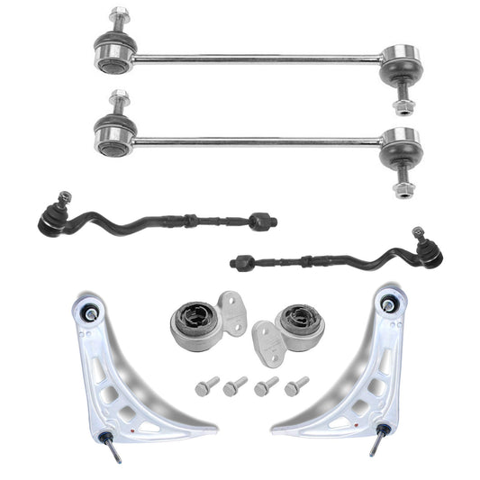 KIT-070224-607 Комплект из 7 деталей: передний рычаг управления со стороны водителя и пассажира, оригинальный BMW, включает в себя (1) втулку рычага, (2) тягу стабилизатора поперечной устойчивости, (2) узел поперечной рулевой тяги и (2) рычаг.