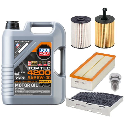 KIT-070224-649 Комплект из 6 предметов, синтетическое моторное масло, 5 литров, оригинальный Volkswagen, включает в себя (1) масляный фильтр, (1) воздушный фильтр, (1) топливный фильтр, (1) салонный фильтр, (1) моторное масло и (1) пробку для слива масла