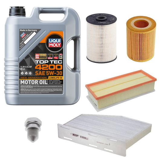 KIT-070224-675 Комплект из 6 предметов синтетического моторного масла, 5 литров, оригинальный Volkswagen, включает в себя (1) топливный фильтр, (1) салонный фильтр, (1) моторное масло, (1) воздушный фильтр, (1) масляный фильтр и (1) пробку для слива масла