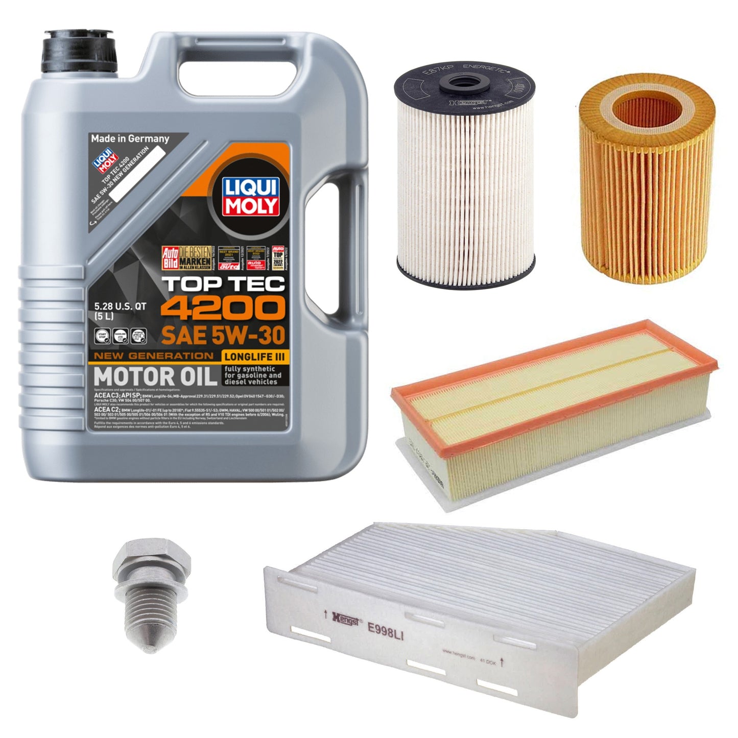 KIT-070224-675 Комплект из 6 предметов синтетического моторного масла, 5 литров, оригинальный Volkswagen, включает в себя (1) топливный фильтр, (1) салонный фильтр, (1) моторное масло, (1) воздушный фильтр, (1) масляный фильтр и (1) пробку для слива масла