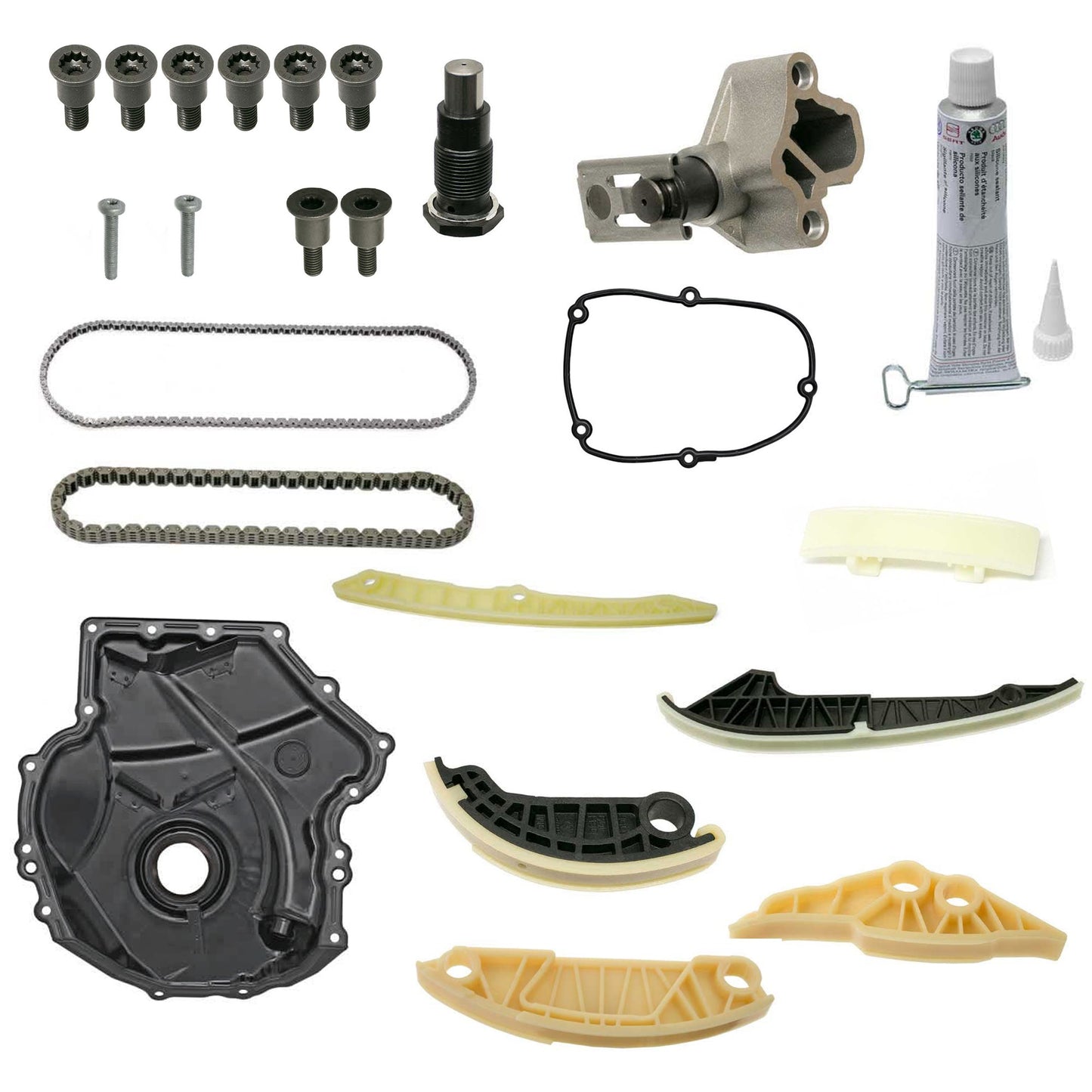 KIT-070224-789 Комплект из 23 натяжителей цепи привода ГРМ включает в себя (2) натяжителя цепи привода ГРМ, (1) крышку привода ГРМ, (2) цепь привода ГРМ, (1) герметик, (14) направляющую цепи привода ГРМ, (1) прокладку крышки привода ГРМ и (2) винта Torx
