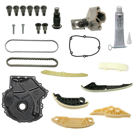 KIT-070224-789 Комплект из 23 натяжителей цепи привода ГРМ включает в себя (2) натяжителя цепи привода ГРМ, (1) крышку привода ГРМ, (2) цепь привода ГРМ, (1) герметик, (14) направляющую цепи привода ГРМ, (1) прокладку крышки привода ГРМ и (2) винта Torx