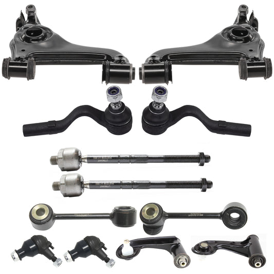12-Piece Kit Front, Driver and Passenger Side, Inner and Outer, Upper and Lower Control Arm, includes (2) Ball Joint, (4) Control Arm, (2) Sway Bar Link, and (4) Tie Rod End