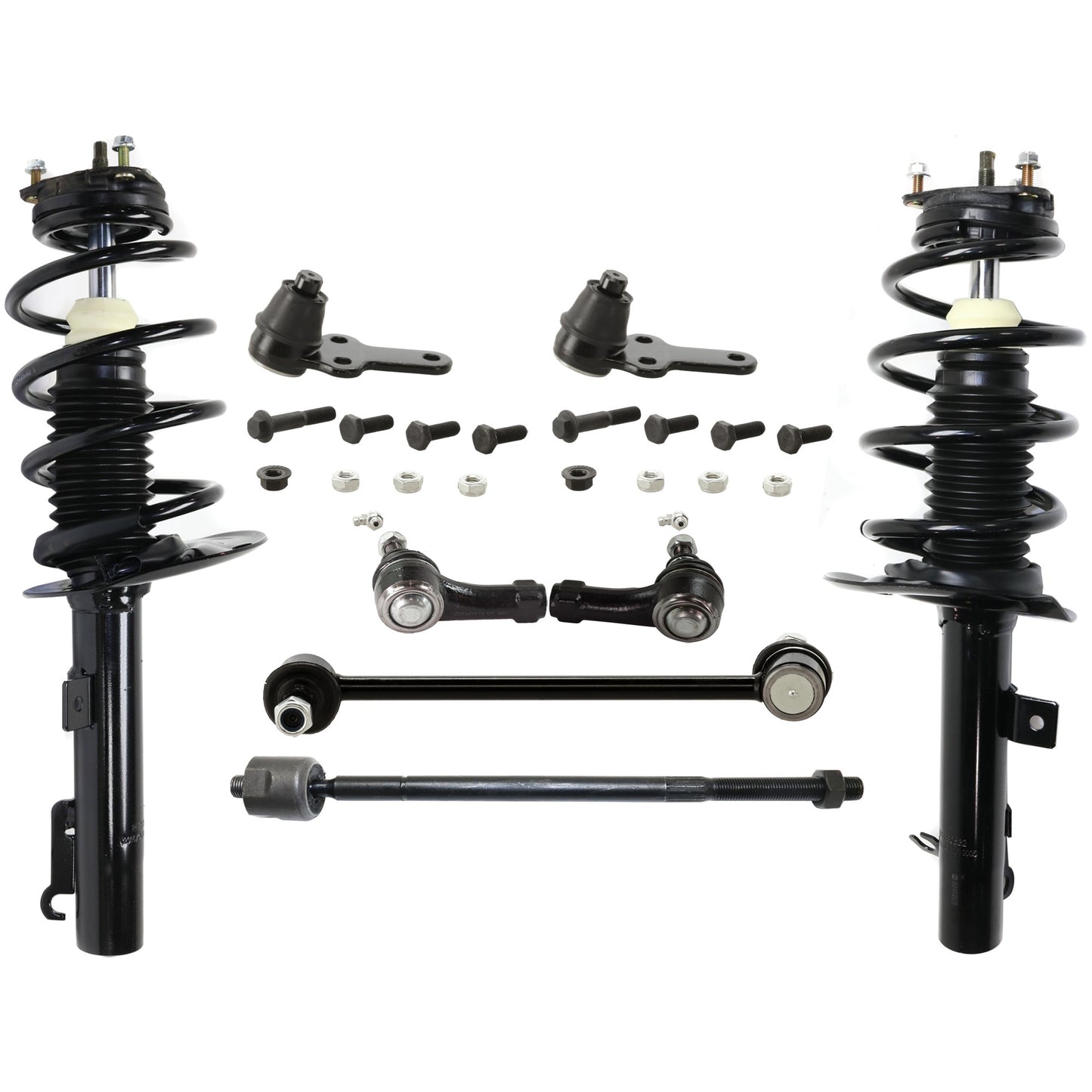 8-Piece Kit Front, Driver and Passenger Side, Inner and Outer, Lower Fully Loaded Strut, Includes (2) Ball Joint, (3) Tie Rod End, (1) Sway Bar Link and (2) Shock Absorber and Strut Assembly