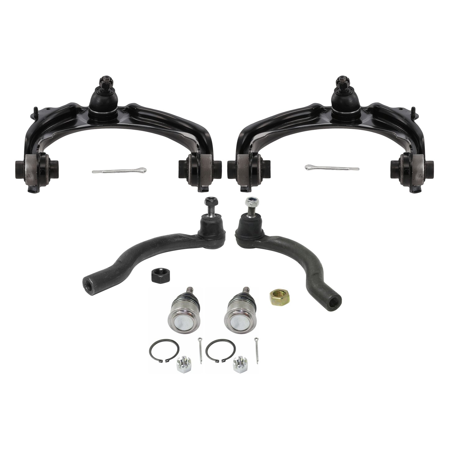 6-Piece Kit Front, Driver and Passenger Side, Inner and Outer, Lower, Front To End Control Arm, includes (2) Ball Joint, (2) Control Arm, and (2) Tie Rod End