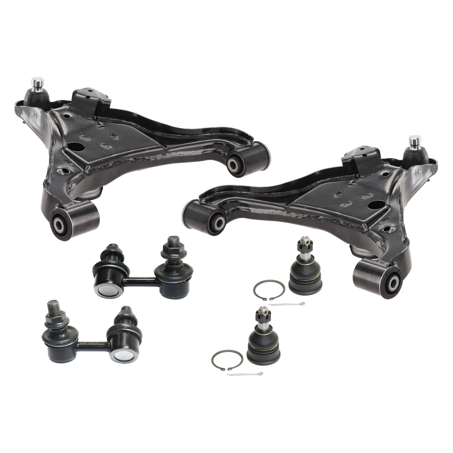 6-Piece Kit Front, Driver and Passenger Side, Inner and Outer, Lower, Front To End Control Arm, includes (2) Ball Joint, (2) Control Arm, and (2) Sway Bar Link