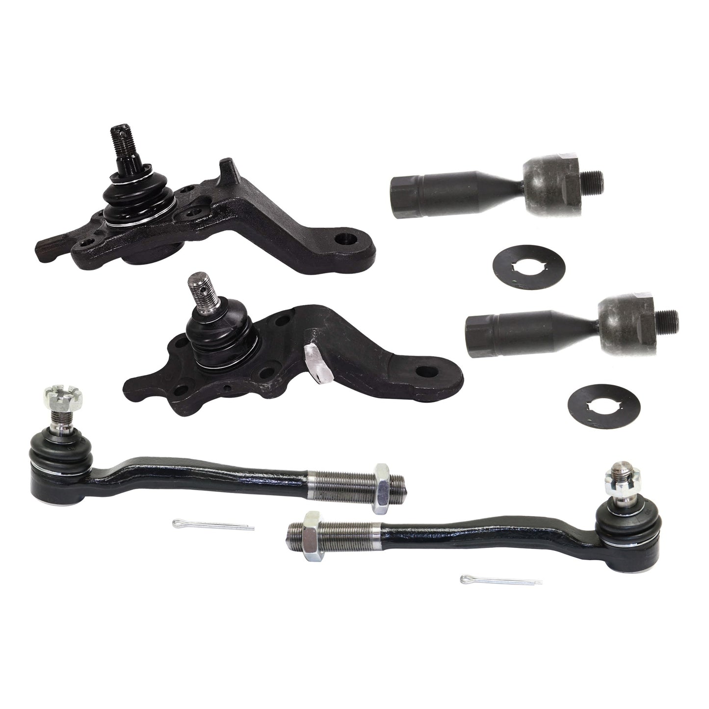 6-Piece Kit Front, Driver and Passenger Side, Lower, Inner and Outer Ball Joint, includes (2) Ball Joint, (2) Sway Bar Link, and (2) Tie Rod End