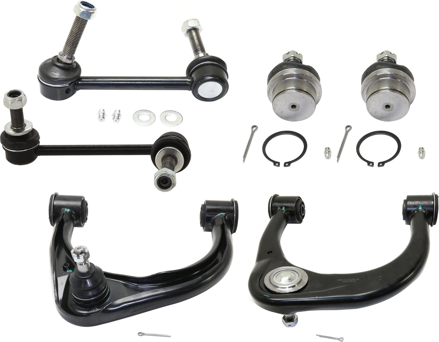 6-Piece Kit Front, Driver and Passenger Side, Upper and Lower Control Arm, includes (2) Ball Joint, (2) Control Arm, and (2) Sway Bar Link