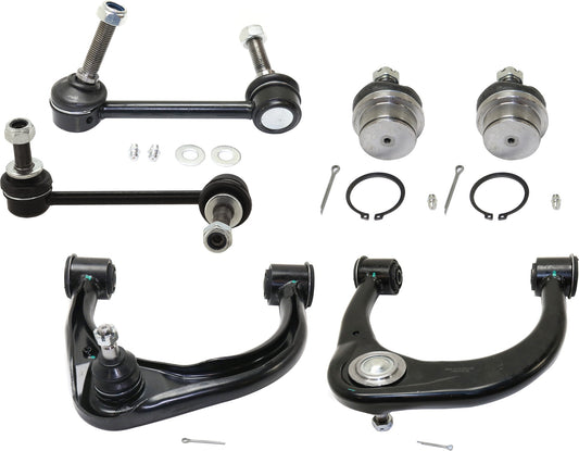 6-Piece Kit Front, Driver and Passenger Side, Upper and Lower Control Arm, includes (2) Ball Joint, (2) Control Arm, and (2) Sway Bar Link