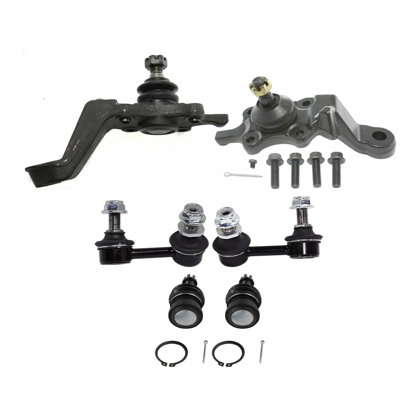 6-Piece Kit Front, Driver and Passenger Side, Upper and Lower Ball Joint, includes (2) Ball Joint, (2) Sway Bar Link, and (2) Tie Rod End