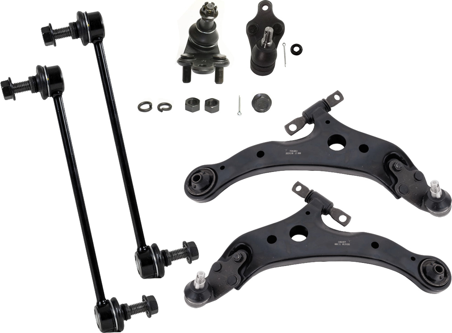 6-Piece Kit Front, Driver and Passenger Side, Lower Control Arm, includes (2) Ball Joint, (2) Control Arm, and (2) Sway Bar Link