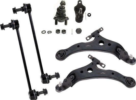 6-Piece Kit Front, Driver and Passenger Side, Lower Control Arm, includes (2) Ball Joint, (2) Control Arm, and (2) Sway Bar Link