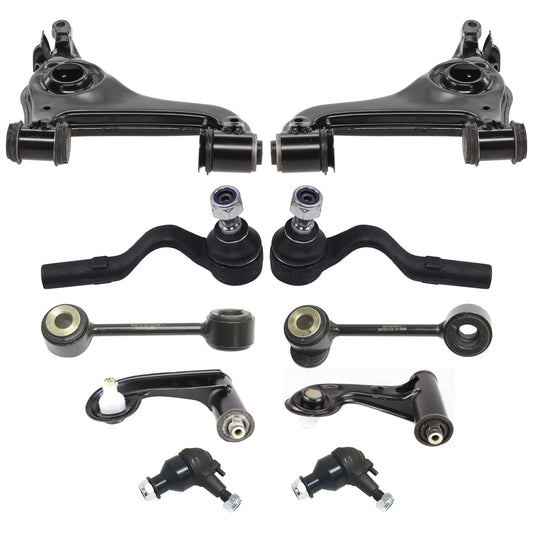 10-Piece Kit Front, Driver and Passenger Side, Upper and Lower, Outer Control Arm, includes (2) Ball Joint, (4) Control Arm, (2) Sway Bar Link, and (2) Tie Rod End