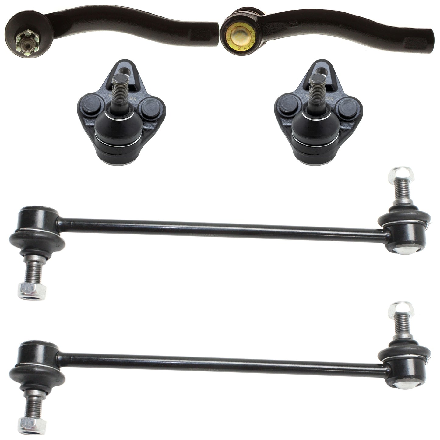6-Piece Kit Front, Driver and Passenger Side, Outer, Lower Ball Joint, includes (2) Ball Joint, (2) Sway Bar Link, and (2) Tie Rod End
