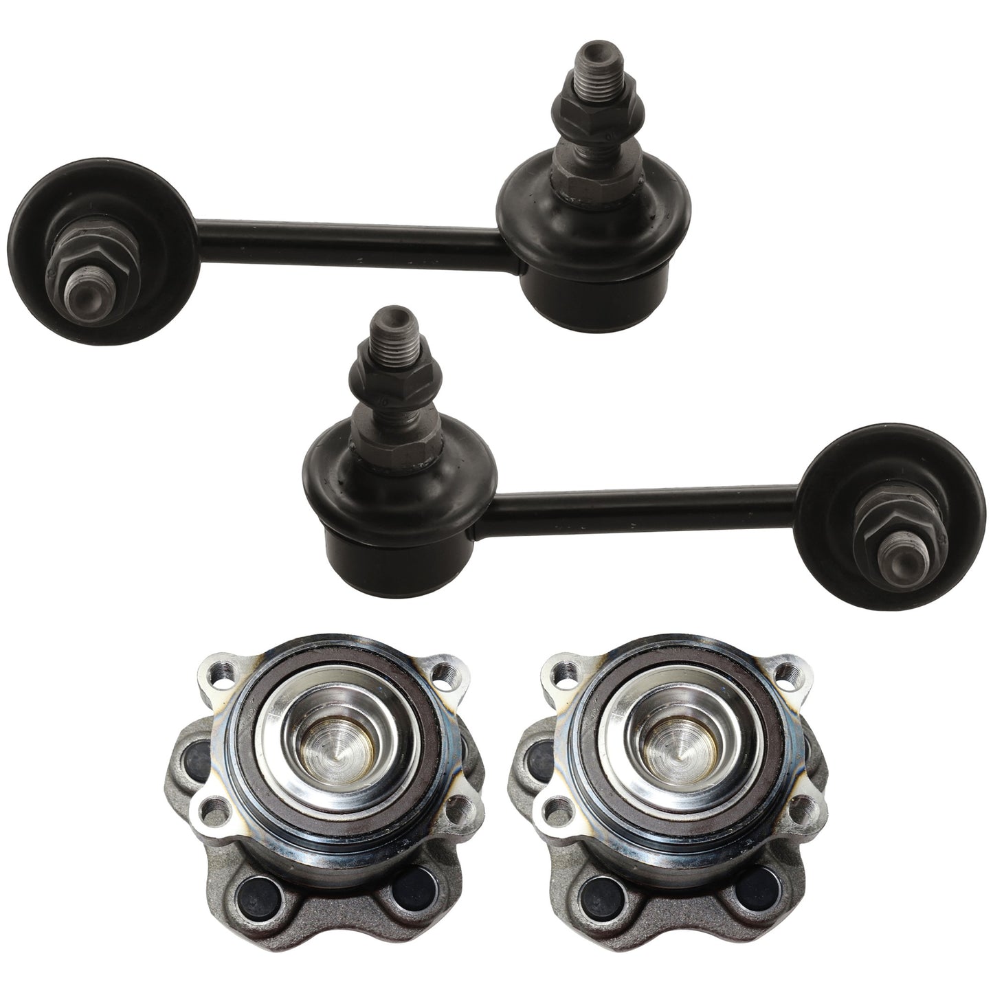 Комплект из 2 задних колес, ступица со стороны водителя и пассажира, 5 болтов, с подшипником, включает в себя (2) тяги стабилизатора поперечной устойчивости и (2) ступицы колеса