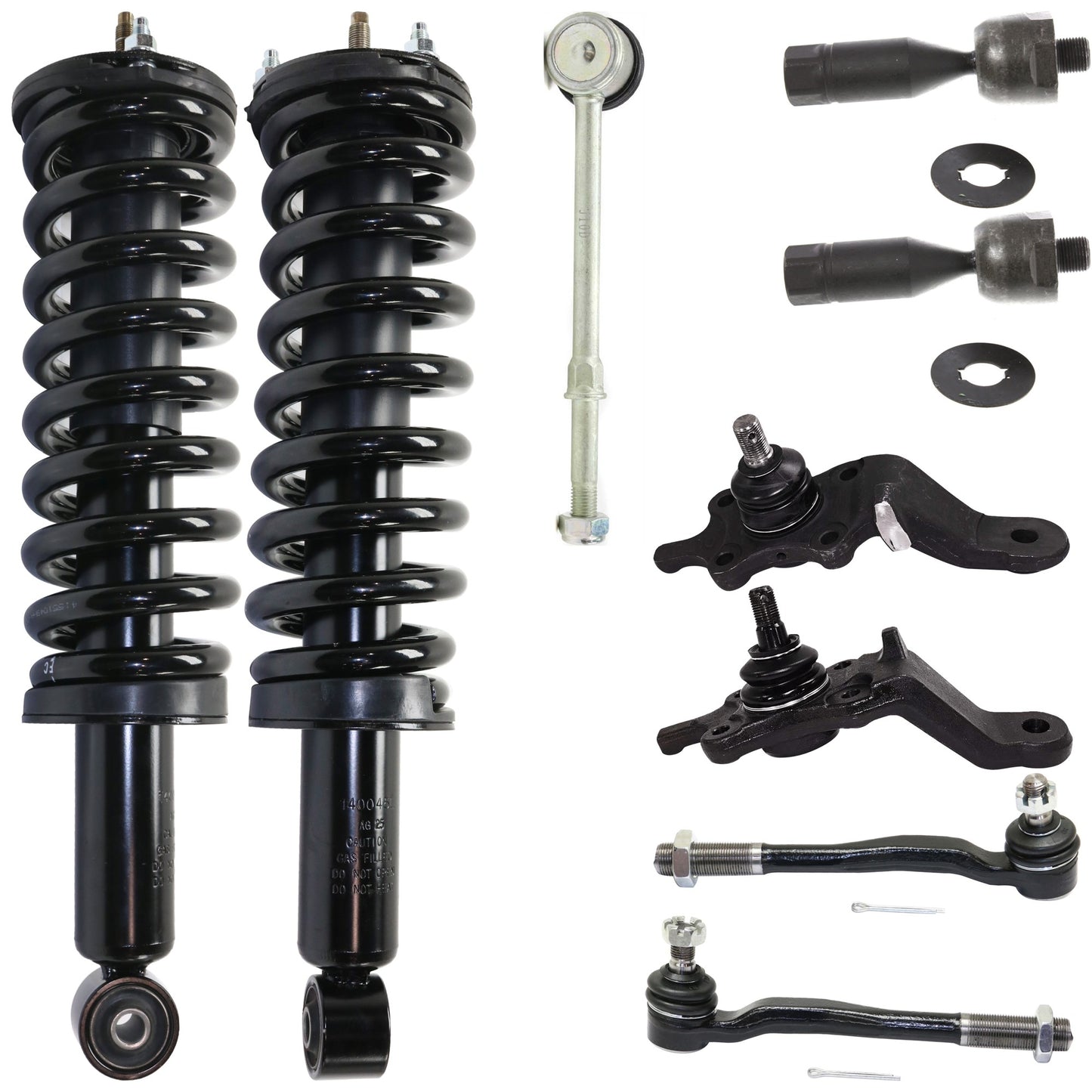 9-Piece Kit Front, Driver and Passenger Side, Inner and Outer, Lower Fully Loaded Strut, 4WD, Includes (2) Ball Joint, (4) Tie Rod End, (1) Sway Bar Link and (2) Shock Absorber and Strut Assembly