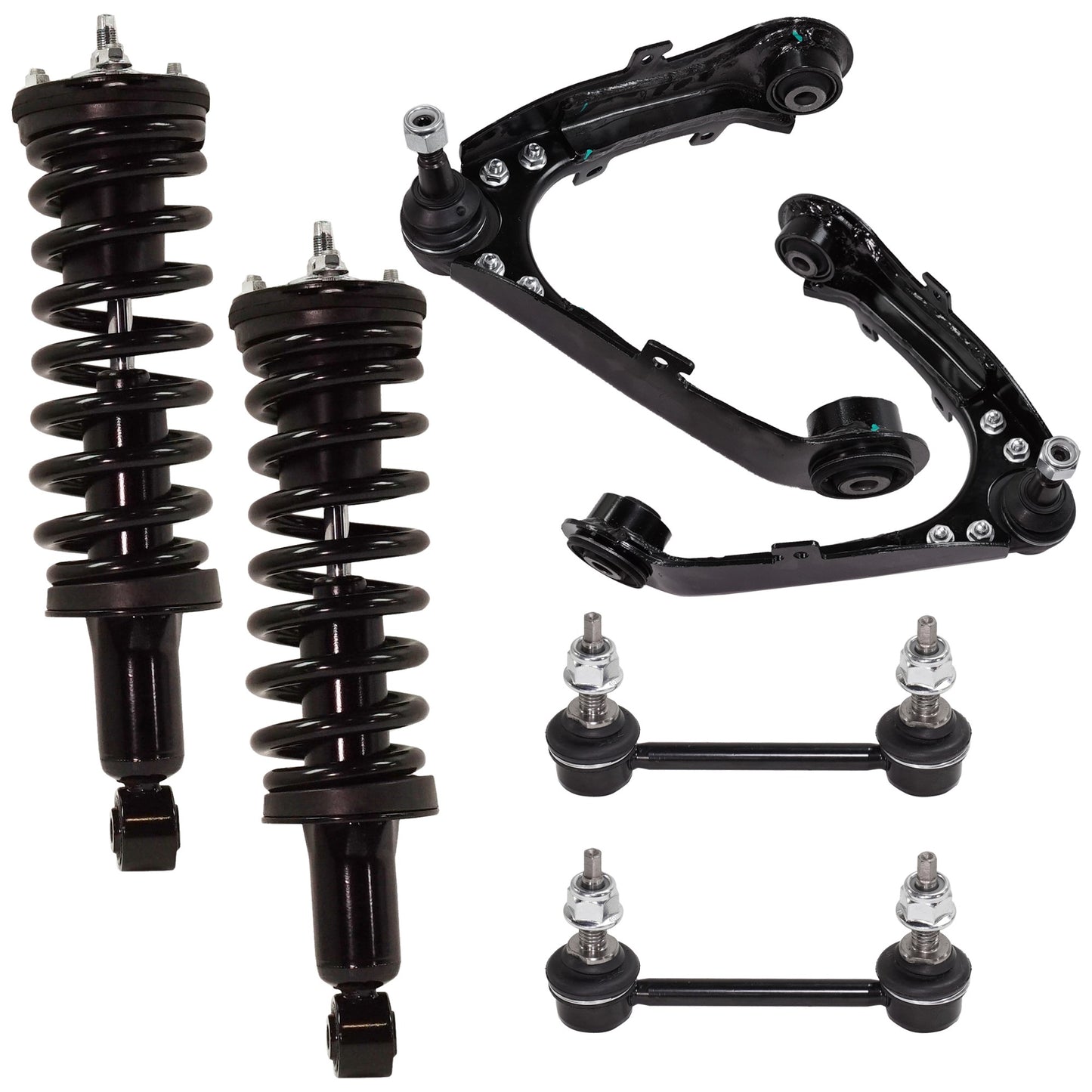 6-Piece Kit Front, Driver and Passenger Side Suspension Kit, Includes (2) Control Arm, (2) Loaded Strut, and (2) Sway Bar Link
