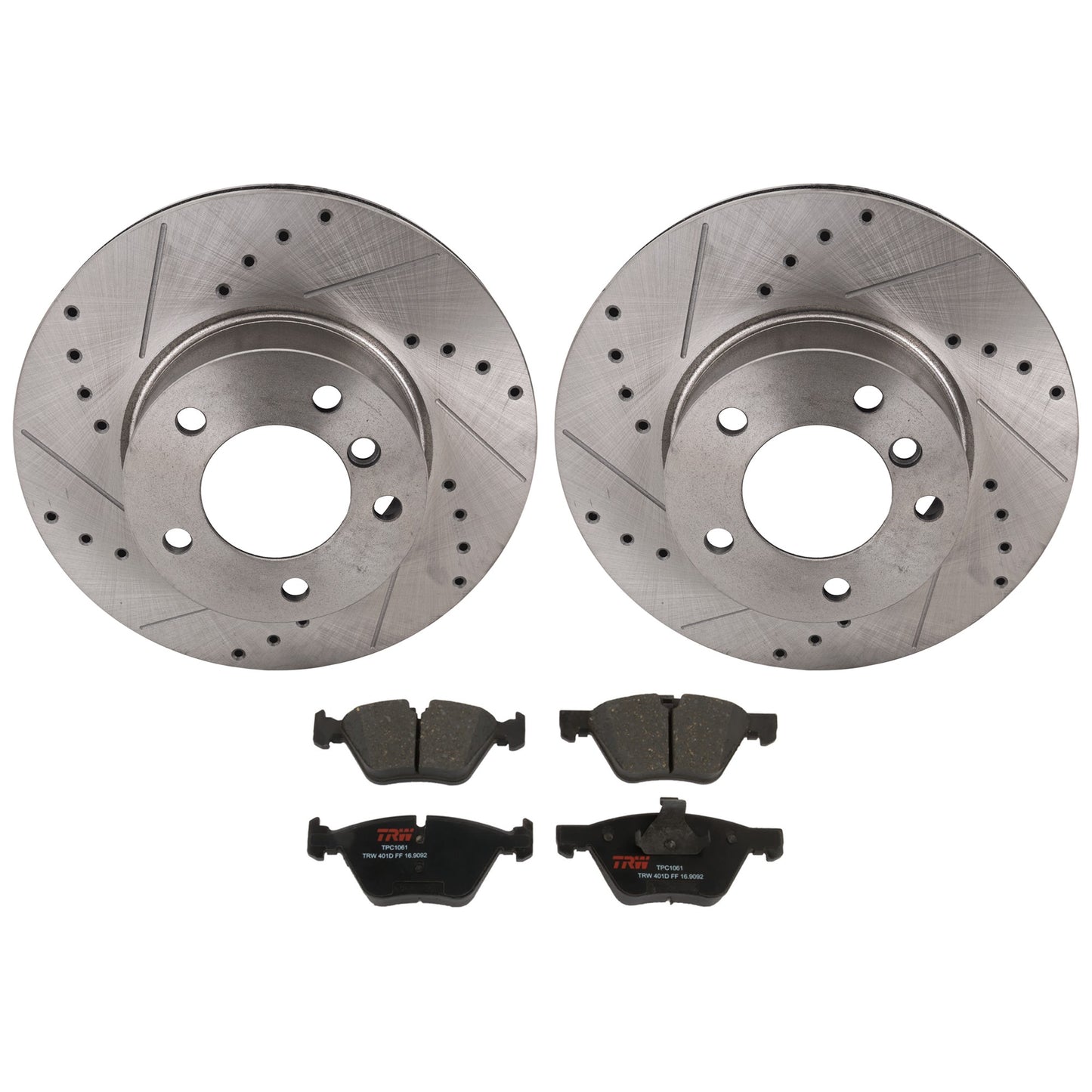 KIT-070624-198 2-Wheel Set Front Brake Disc and Pad Kit, Cross-drilled and Slotted 5 Lugs 300 mm Semi-metallic, Includes (1) Brake Pad Set and (2) Brake Disc