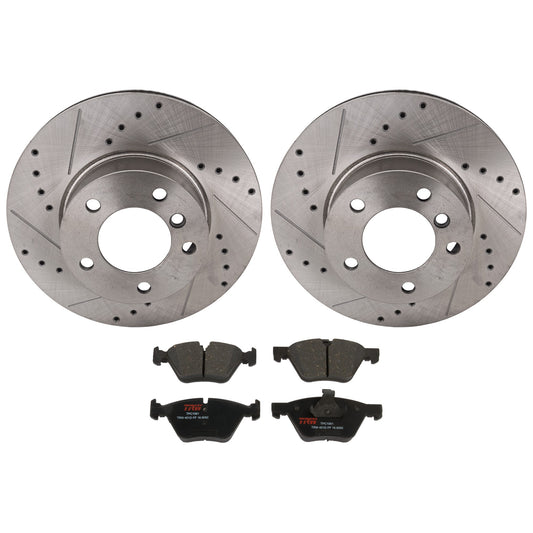 KIT-070624-198 2-Wheel Set Front Brake Disc and Pad Kit, Cross-drilled and Slotted 5 Lugs 300 mm Semi-metallic, Includes (1) Brake Pad Set and (2) Brake Disc