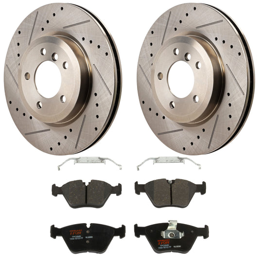 KIT-070624-210 2-Wheel Set Front Brake Disc and Pad Kit, Cross-drilled and Slotted 5 Lugs 325.12 mm Semi-metallic, Includes (2) Brake Disc and (1) Brake Pad Set