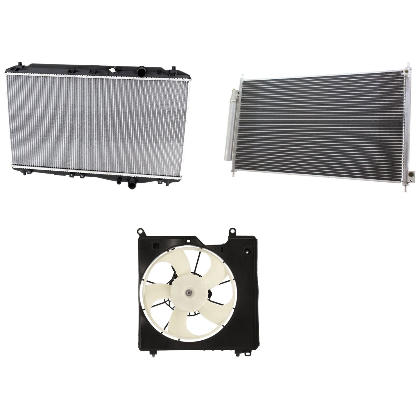 3-Piece Kit A/C Condenser, 2.4L, 4Cyl, Includes (1) A/C Condenser, (1) Cooling Fan Assembly and (1) Radiator