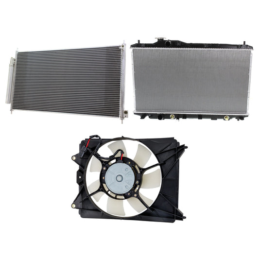 3-Piece Kit A/C Condenser, 1.5L, 4Cyl, Includes (1) A/C Condenser, (1) Cooling Fan Assembly and (1) Radiator