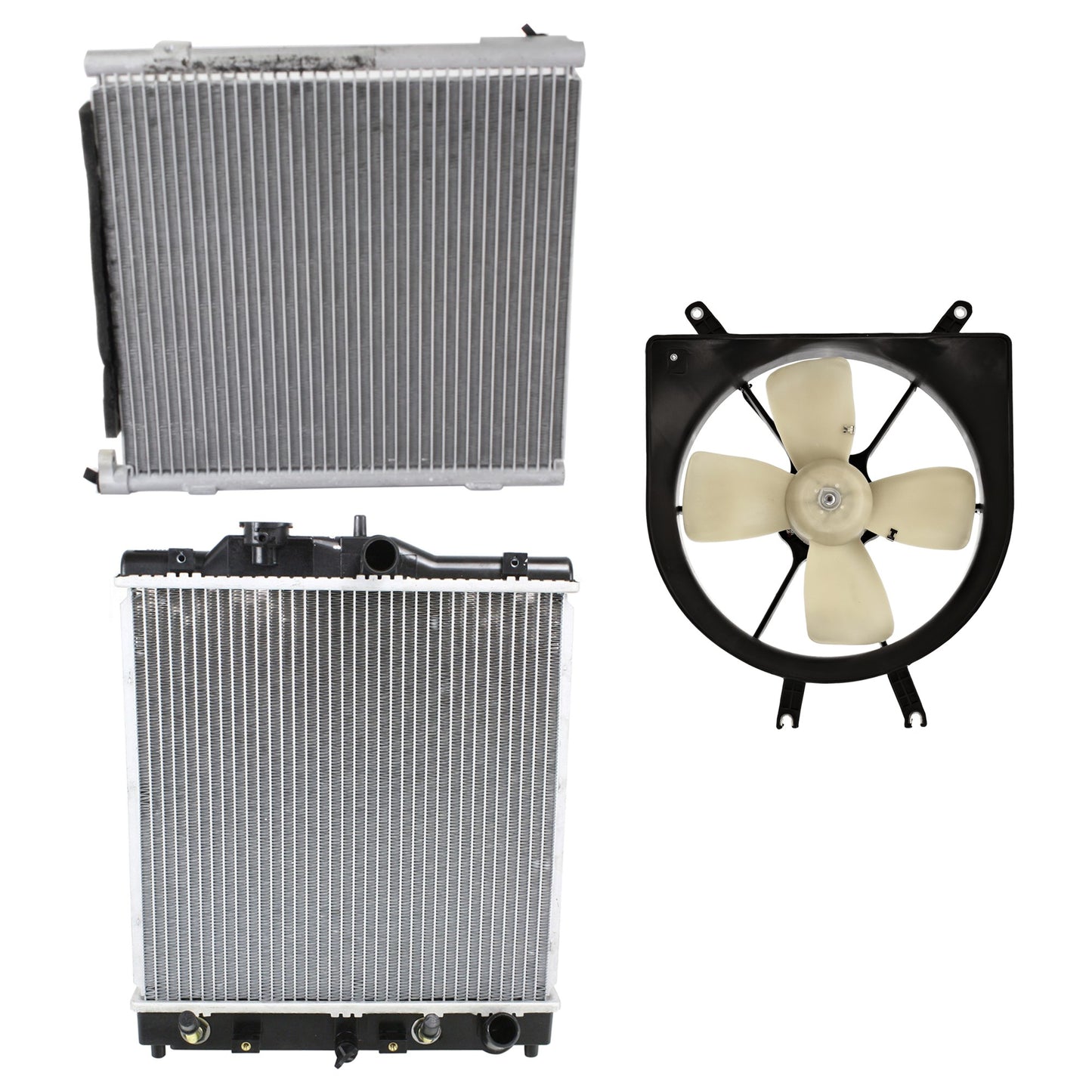3-Piece Kit A/C Condenser, 1.6L, 4Cyl, Includes (1) A/C Condenser, (1) Cooling Fan Assembly and (1) Radiator