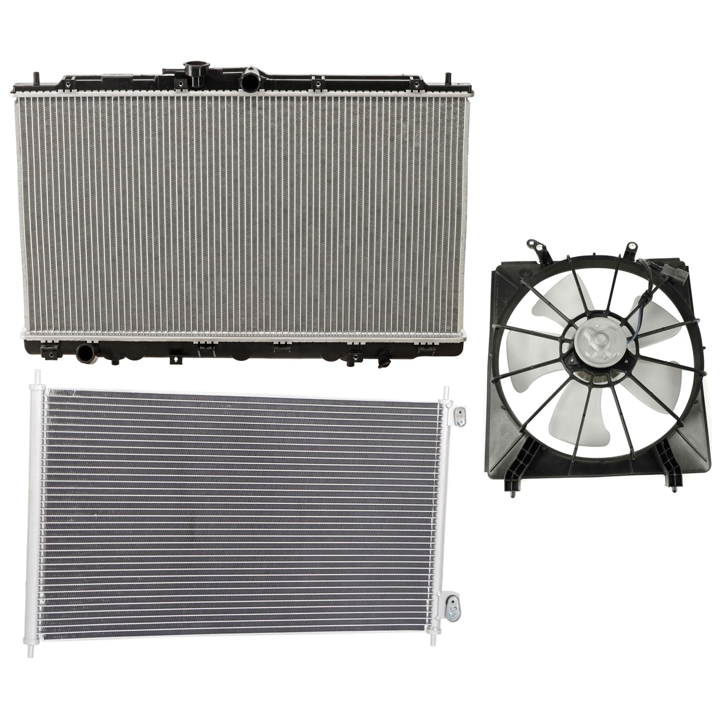 3-Piece Kit A/C Condenser, 3.2L, 6Cyl, Includes (1) A/C Condenser, (1) Cooling Fan Assembly and (1) Radiator