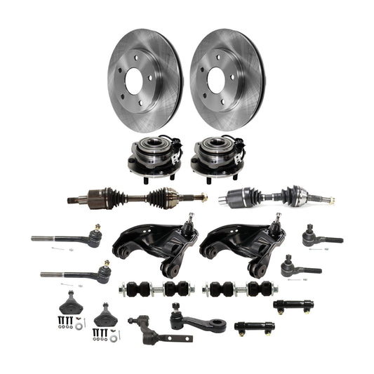 21-Piece Front Suspension Kit Includes (2) Control Arm, (2) Disc, (1) Pad Set, (1) Idler, (1) Pitman, (2) Ball Joint, (4) Tie Rod End, (2) Sway Bar, (2) Adjusting Sleeve, (2) Hub and (2) Axle Assembly