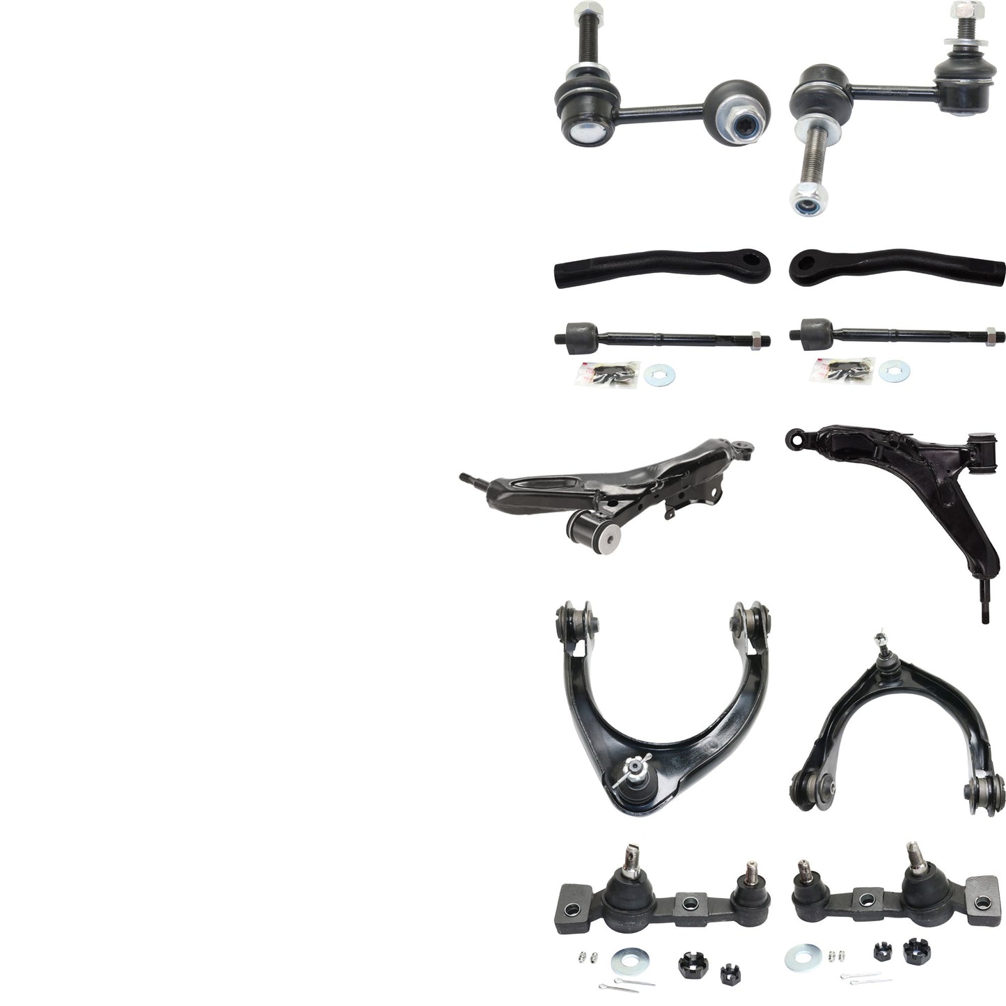 12-Piece Kit Front, Driver and Passenger Side, Upper and Lower Control Arm, includes (4)Control Arm, (4)Tie Rod End, (2)Ball Joint and (2)Sway Bar Link