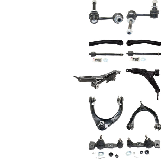 12-Piece Kit Front, Driver and Passenger Side, Upper and Lower Control Arm, includes (4)Control Arm, (4)Tie Rod End, (2)Ball Joint and (2)Sway Bar Link