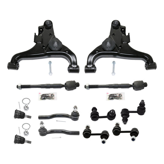 12-Piece Kit Front, Driver and Passenger Side, Lower Control Arm, includes (4)Sway Bar Link, (4)Tie Rod End, (2)Ball Joint and (2)Control Arm
