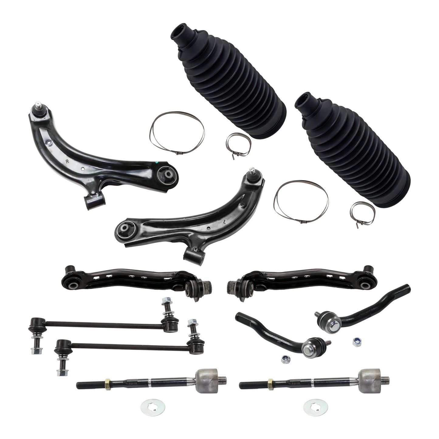 12-Piece Kit Front, Driver and Passenger Side, Upper and Lower Control Arm, Includes (4) Control Arm, (4) Tie Rod End, (2) Steering Rack Boot and (2) Sway Bar Link
