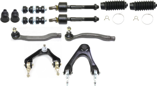 12-Piece Kit Front, Driver and Passenger Side, Upper Control Arm, includes (4)Tie Rod End, (2)Ball Joint, (2)Control Arm, (2)Steering Rack Boot and (2)Sway Bar Link