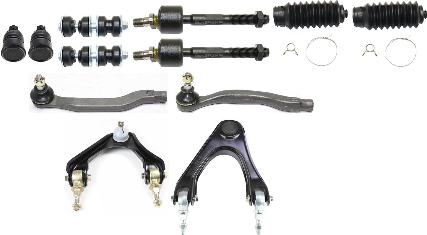 12-Piece Kit Front, Driver and Passenger Side, Upper Control Arm, includes (4)Tie Rod End, (2)Ball Joint, (2)Control Arm, (2)Steering Rack Boot and (2)Sway Bar Link