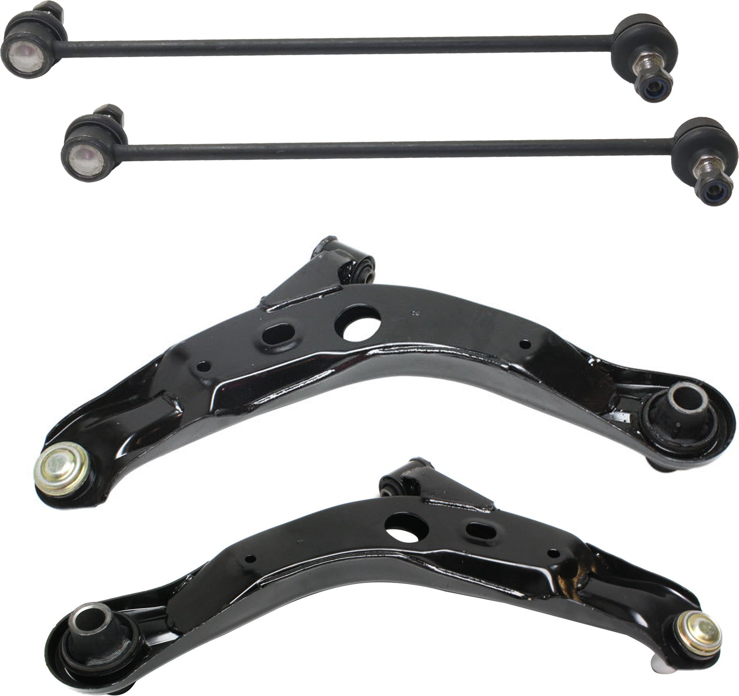 4-Piece Kit Front, Driver and Passenger Side, Lower Control Arm, includes (2)Control Arm and (2)Sway Bar Link
