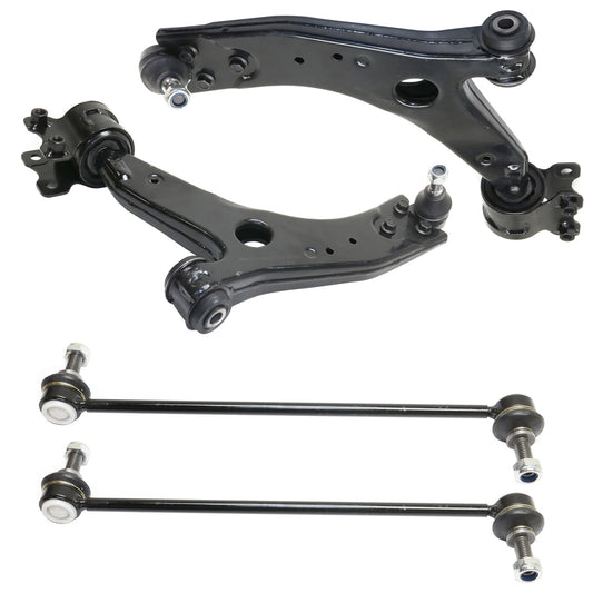 4-Piece Kit Front, Driver and Passenger Side, Lower Control Arm, includes (2)Control Arm and (2)Sway Bar Link