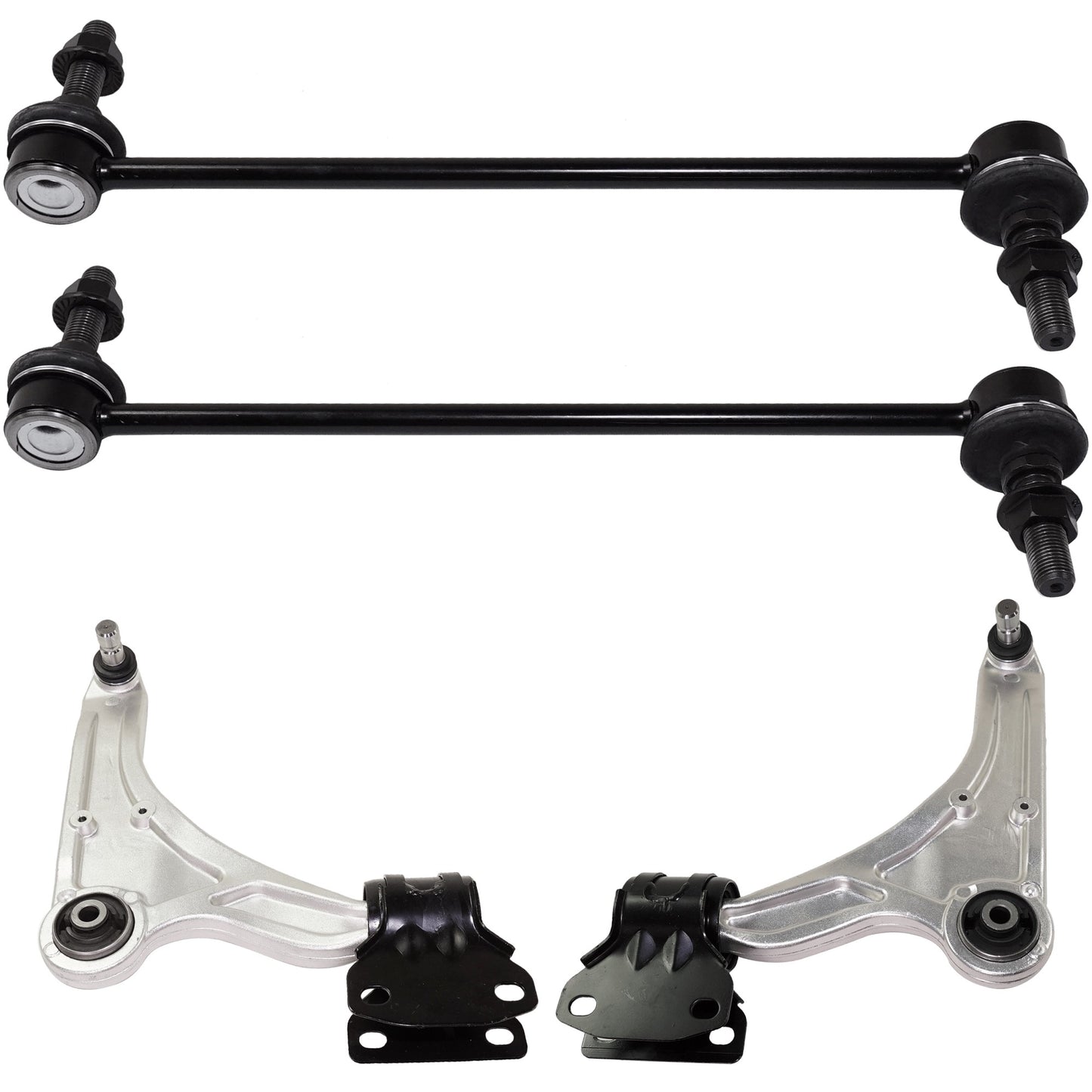 4-Piece Kit Front, Driver and Passenger Side, Lower Control Arm, includes (2)Control Arm and (2)Sway Bar Link
