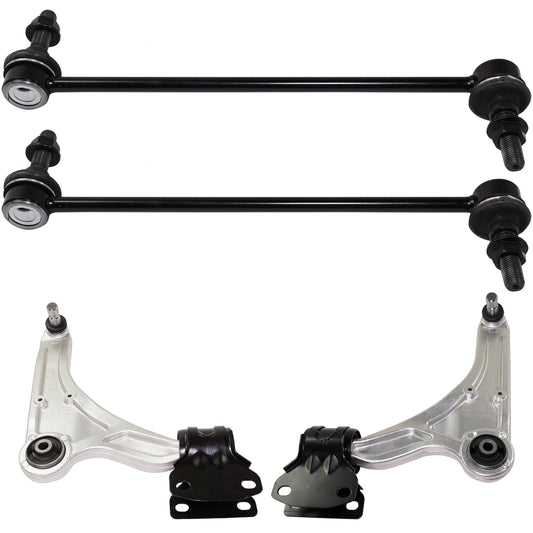 4-Piece Kit Front, Driver and Passenger Side, Lower Control Arm, includes (2)Control Arm and (2)Sway Bar Link