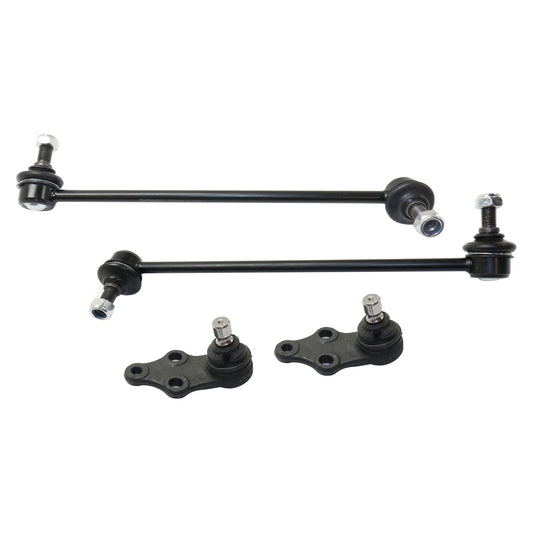4-Piece Kit Front, Driver and Passenger Side, Lower Ball Joint, includes (2)Ball Joint and (2)Sway Bar Link