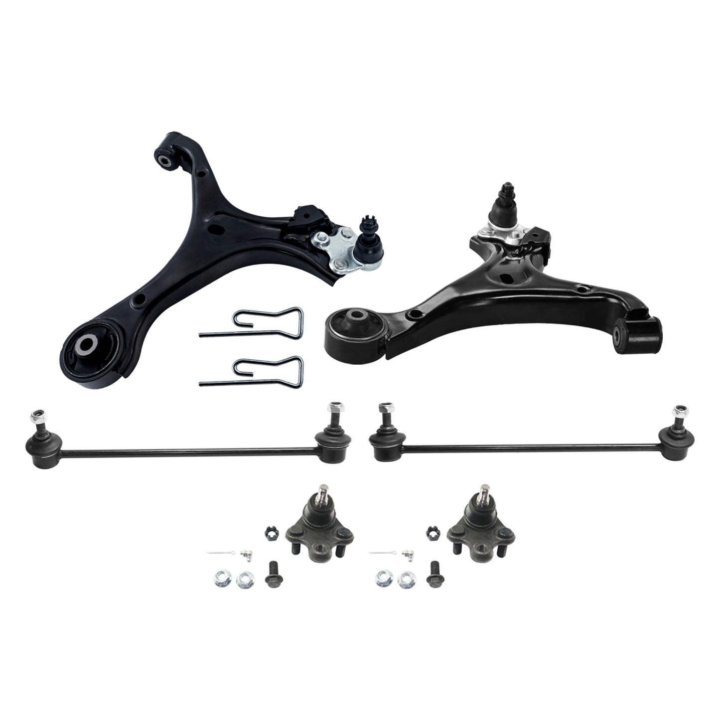 6-Piece Kit Front, Driver and Passenger Side, Lower Control Arm, includes (2)Ball Joint, (2)Control Arm and (2)Sway Bar Link